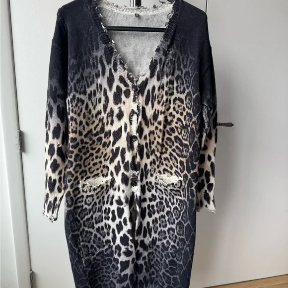 R13 Leopard Print Cardigan in Black and Cream - Picture 2 of 11